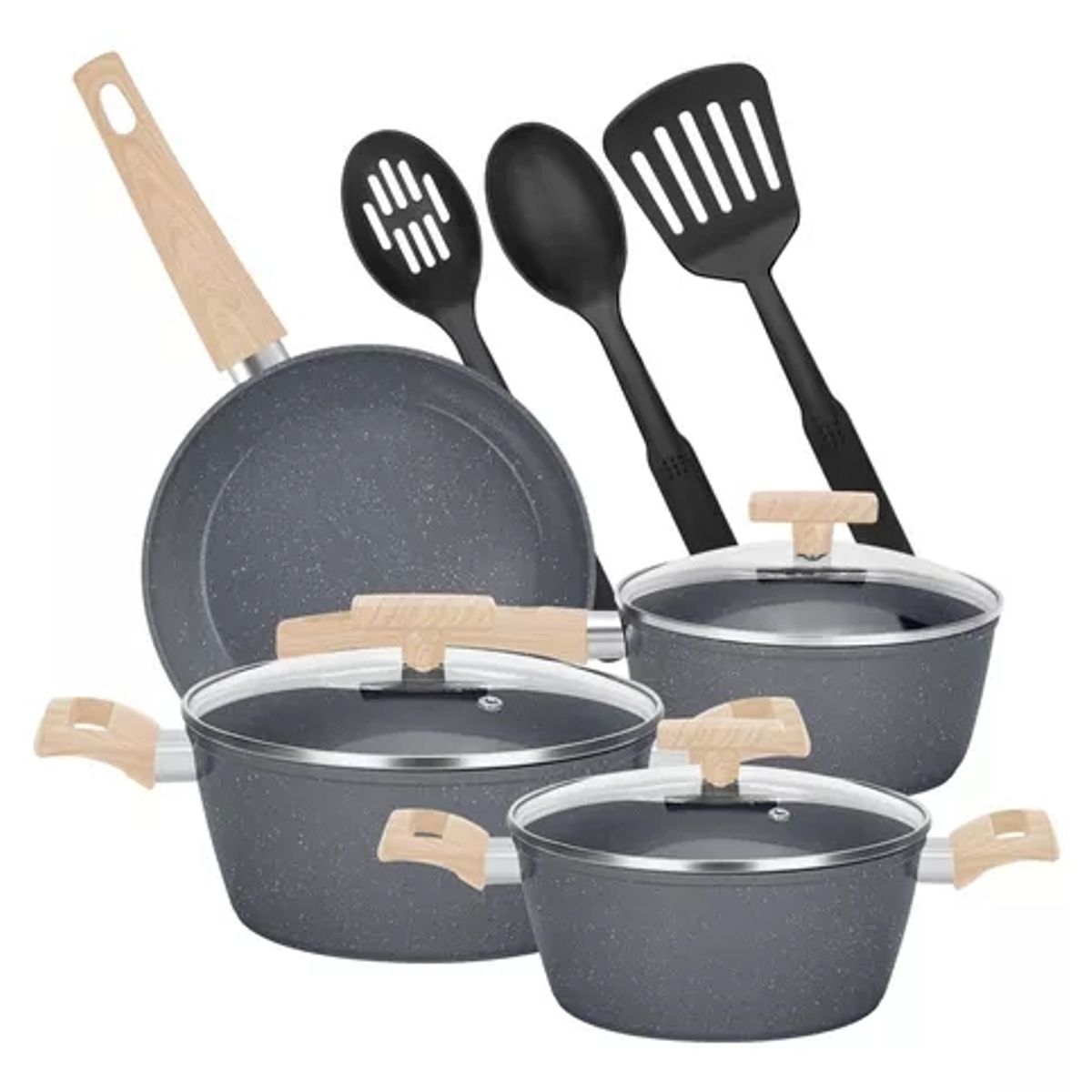 GENERICO - Bateria De Cocina 10 Piezas Antiadherente Granito Menaje color negro