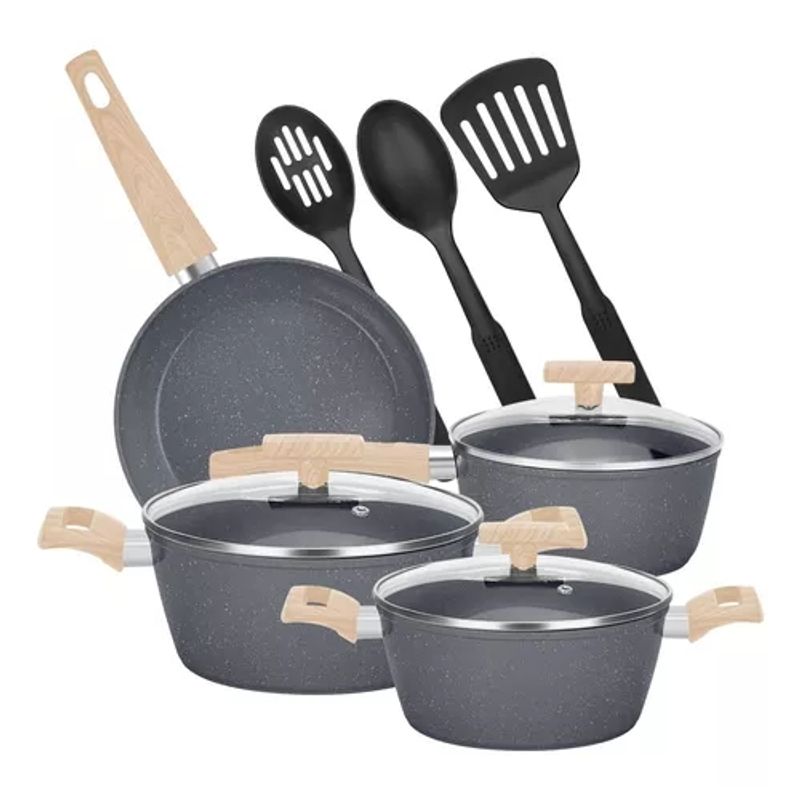 GENERICO - Bateria De Cocina 10 Piezas Antiadherente Granito Menaje color negro
