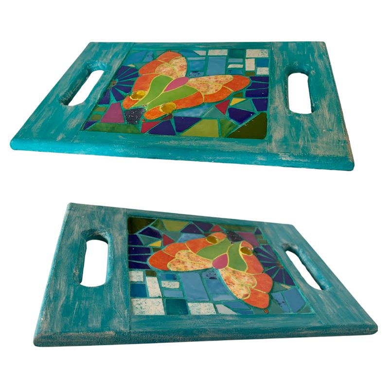 GENERICO - TABLA  TURQUESA MARIPOSA NARANJA-VERDE TECNICA MOSAICO-PINTURA DECORATIVA