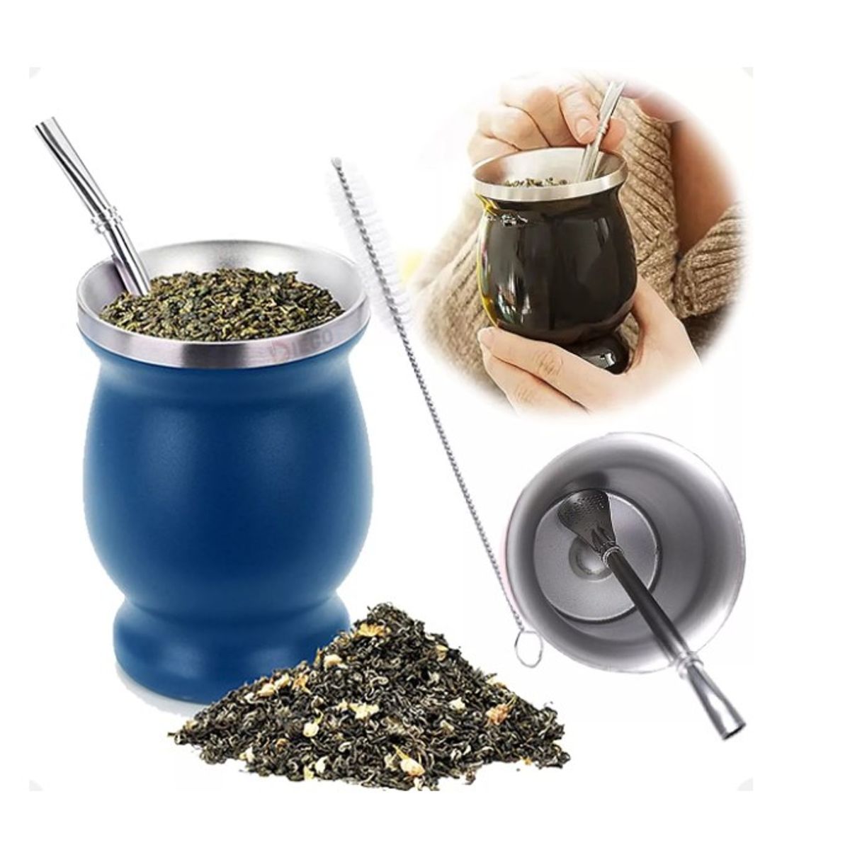 GENERICO - Taza De Con Bombilla Y Cepillos Set Acero Inoxidable 230ml Azul