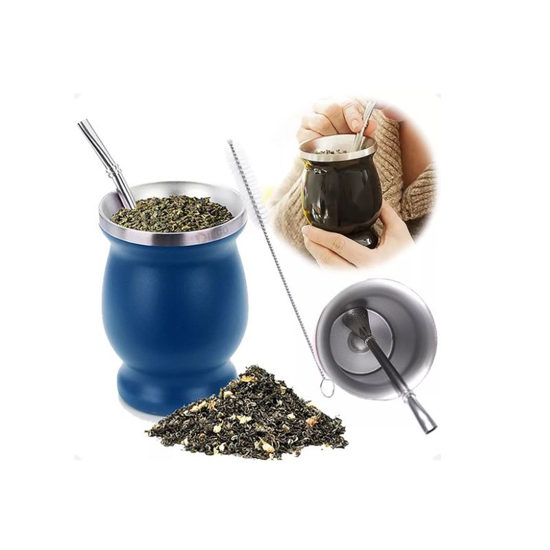 GENERICO - Taza De Con Bombilla Y Cepillos Set Acero Inoxidable 230ml Azul