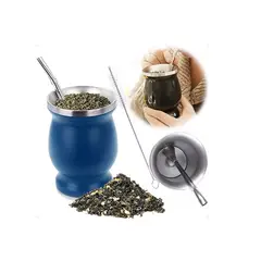 GENERICO - Taza De Con Bombilla Y Cepillos Set Acero Inoxidable 230ml Azul