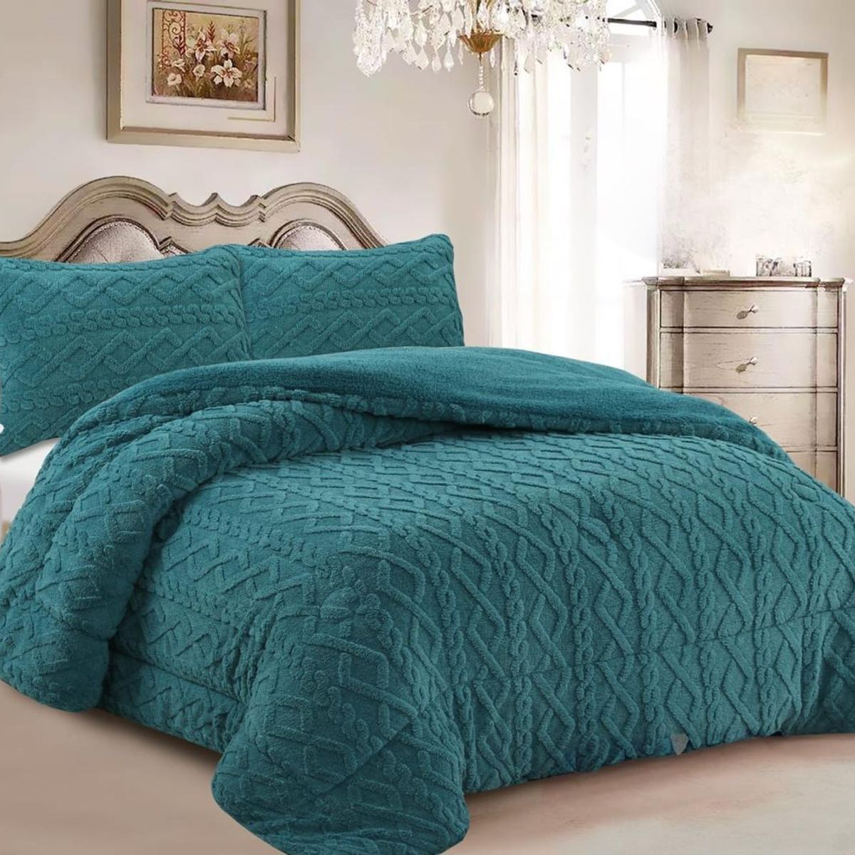 GENERICO - COBERTOR TURQUESA Texturizado  TRENZADO Con Chiporro 2 PLAZA TF