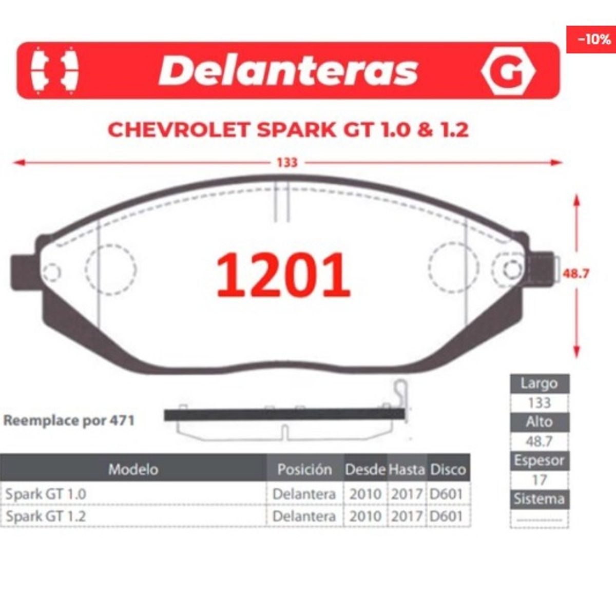 GENERICO - Pastilla de Freno - Chevrolet Spark - Gtx Premium plus