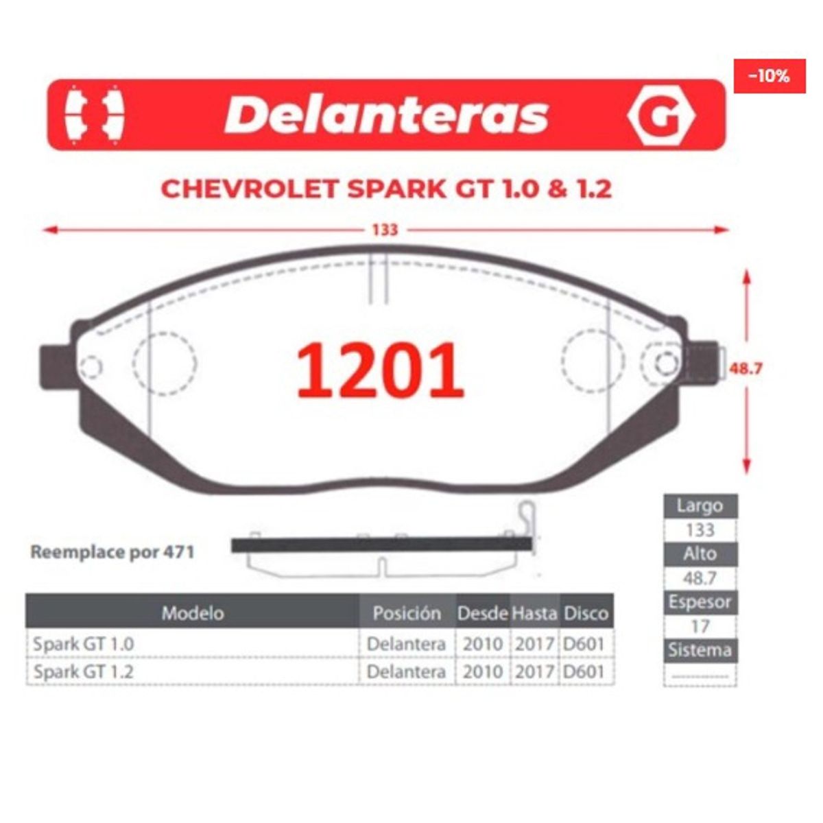 GENERICO - Pastilla de Freno - Chevrolet Spark - Gtx Premium plus