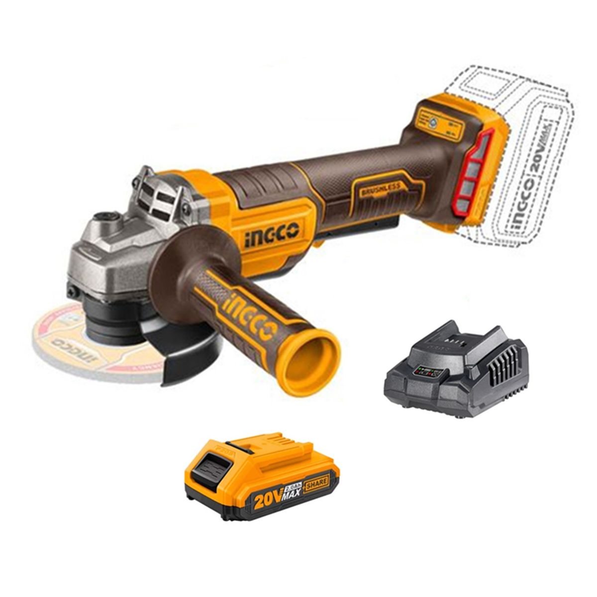 INGCO - Galletera Esmeril Angular 20v 115mm Bateria + Cargador Ingco