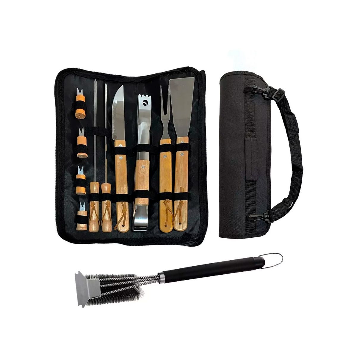 GENERICO - Pack Set Asado Parrilla 10 Uds + Cepillo Inox De Limpieza