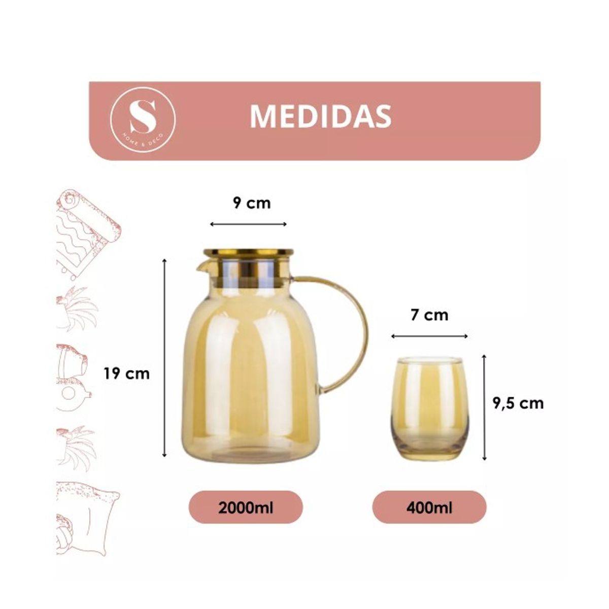 GENERICO - Set De Tetera Con 6 Vasos De Vidrio Con Infusor De Te Dorado