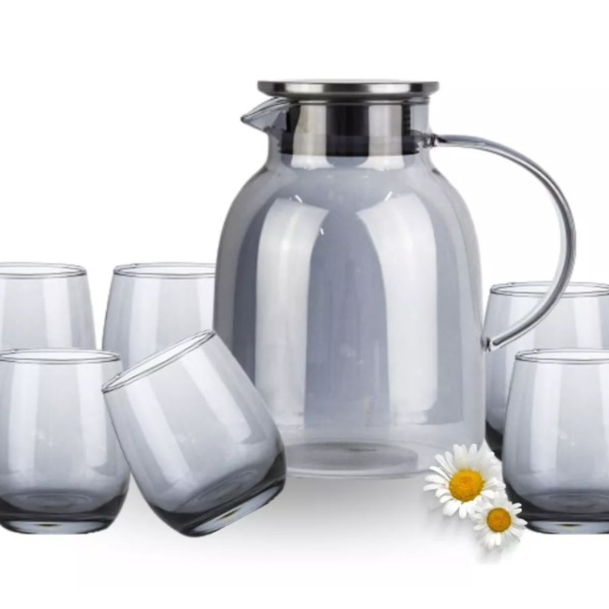 GENERICO - Set De Tetera Con 6 Vasos De Vidrio Con Infusor De Te Gris