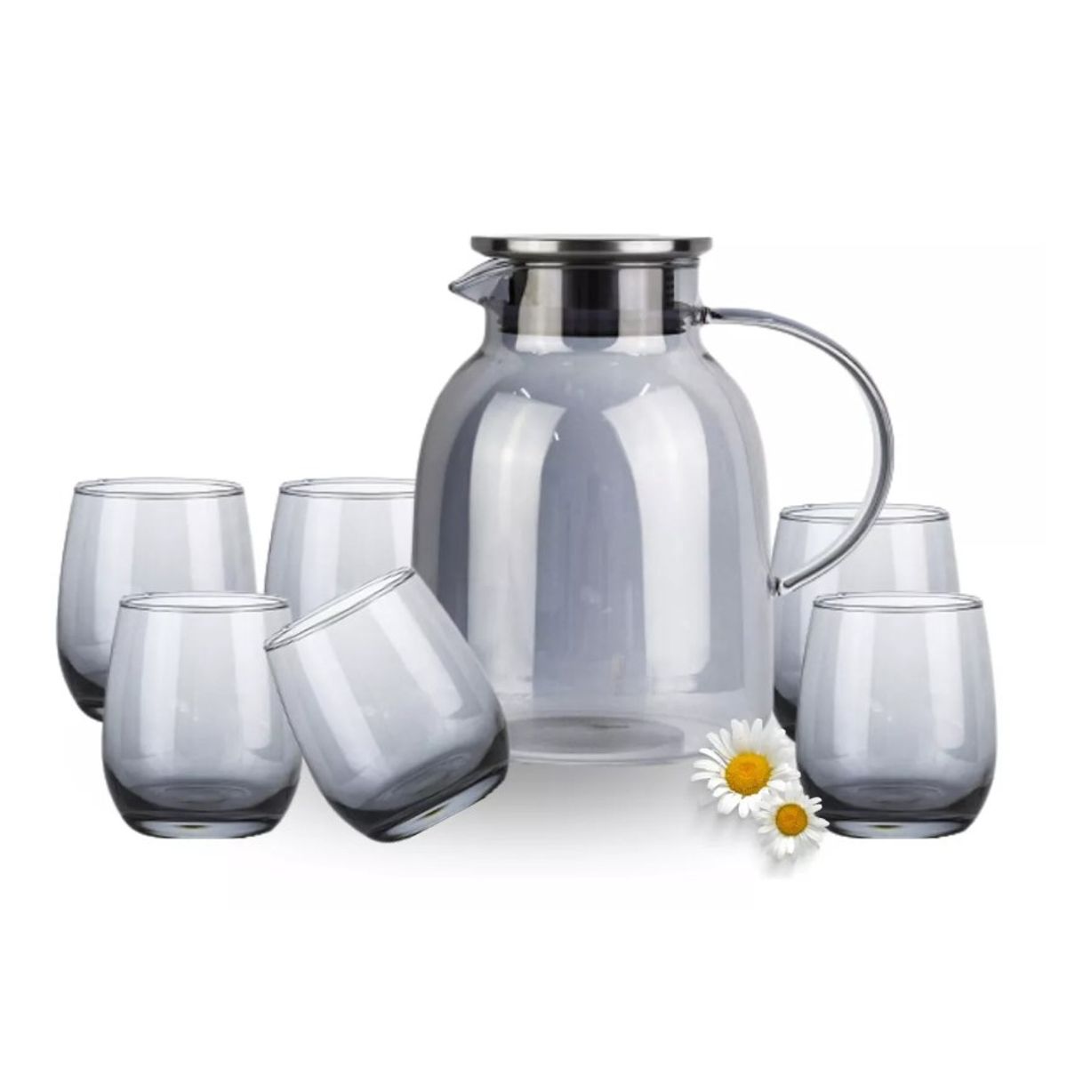 GENERICO - Set De Tetera Con 6 Vasos De Vidrio Con Infusor De Te Gris