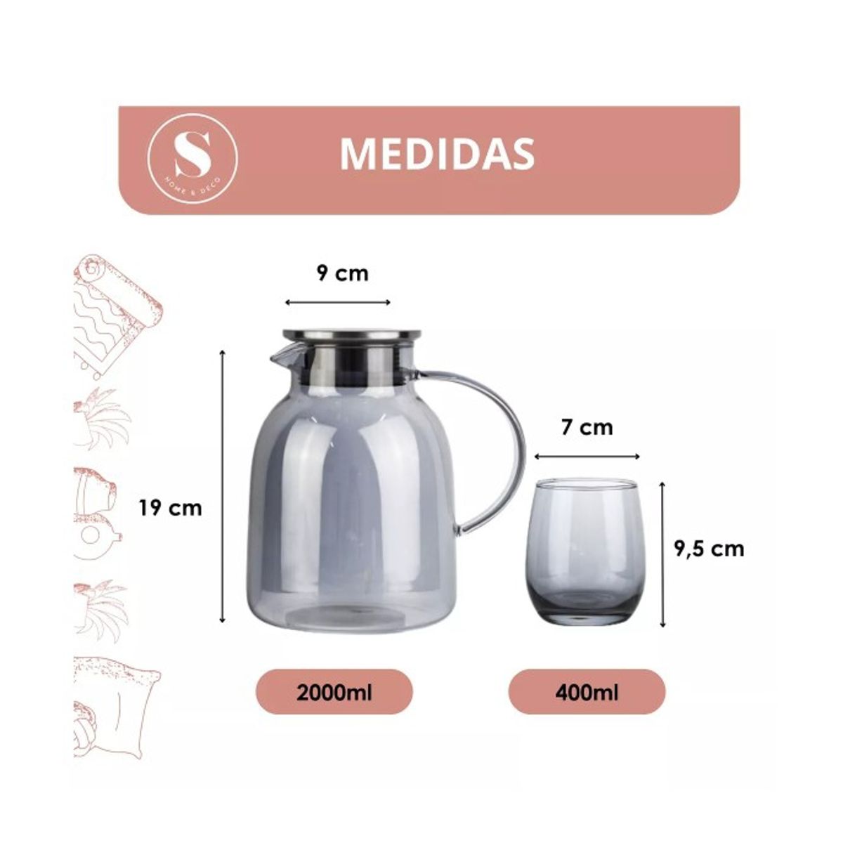 GENERICO - Set De Tetera Con 6 Vasos De Vidrio Con Infusor De Te Gris