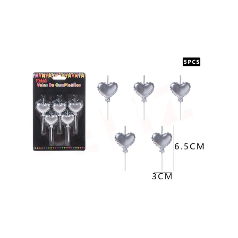 GENERICO - Vela De Corazones Plateado 5Pcs