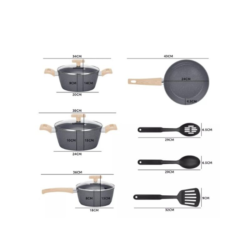 GENERICO - Bateria De Cocina 10 Piezas Antiadherente Granito Menaje Color Negro
