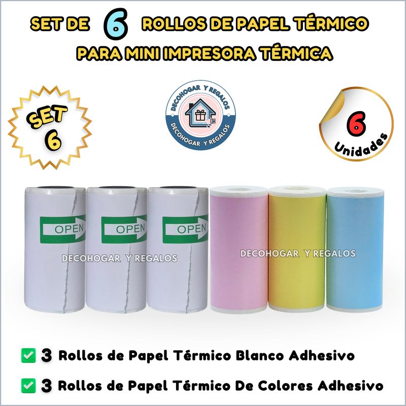 GENERICO - Set 6 Rollos Papel Térmico Adhesivo Mini Impresora y Cámara Impresión