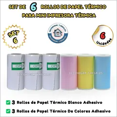 GENERICO - Set 6 Rollos Papel Térmico Adhesivo Mini Impresora y Cámara Impresión