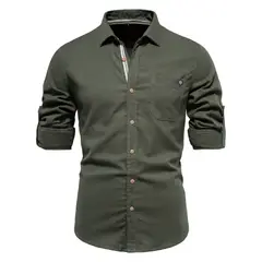 BLWOENS - Camisa lisa con botones para Hombre - Verde Militar