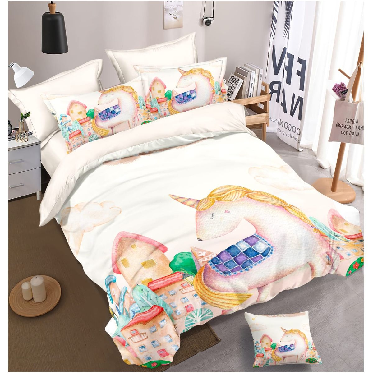 COMPRAPO - Cubrecama Quilt Infantil Liviano 1.5 Pza Mod. Unicornio Acuarela + Funda