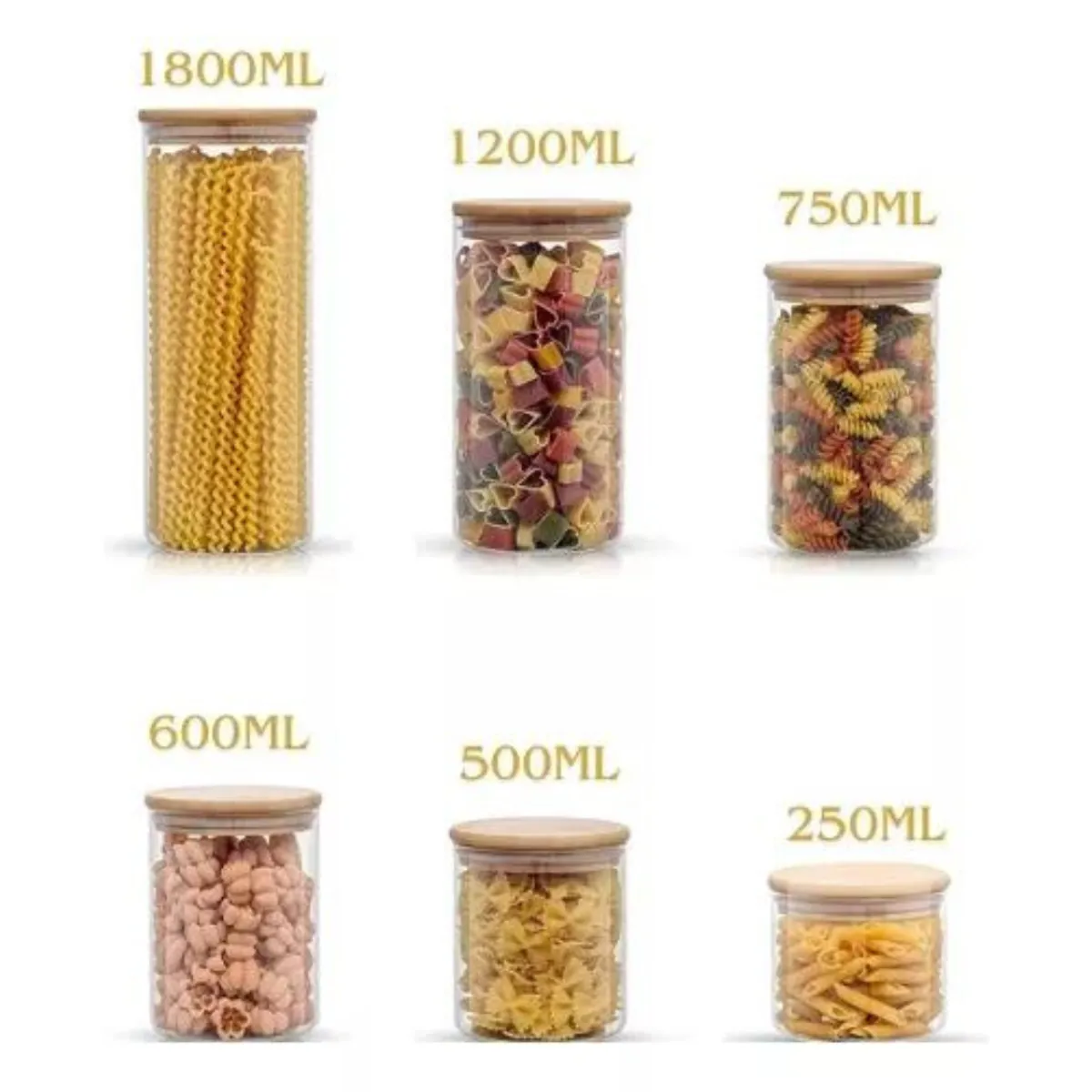 GENERICO - Set 6 Contenedores Organizadores de Vidrio Tapa Bambu para Cocina