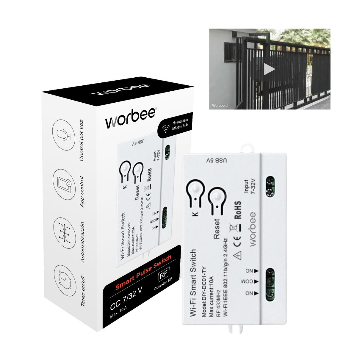 WORBEE - Relé Controlador Abre Portón Chapa Eléctrica Wifi + Rf Alexa