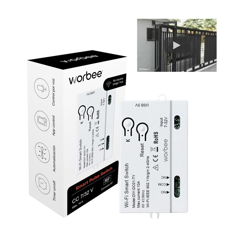 WORBEE - Relé Controlador Abre Portón Chapa Eléctrica Wifi + Rf Alexa