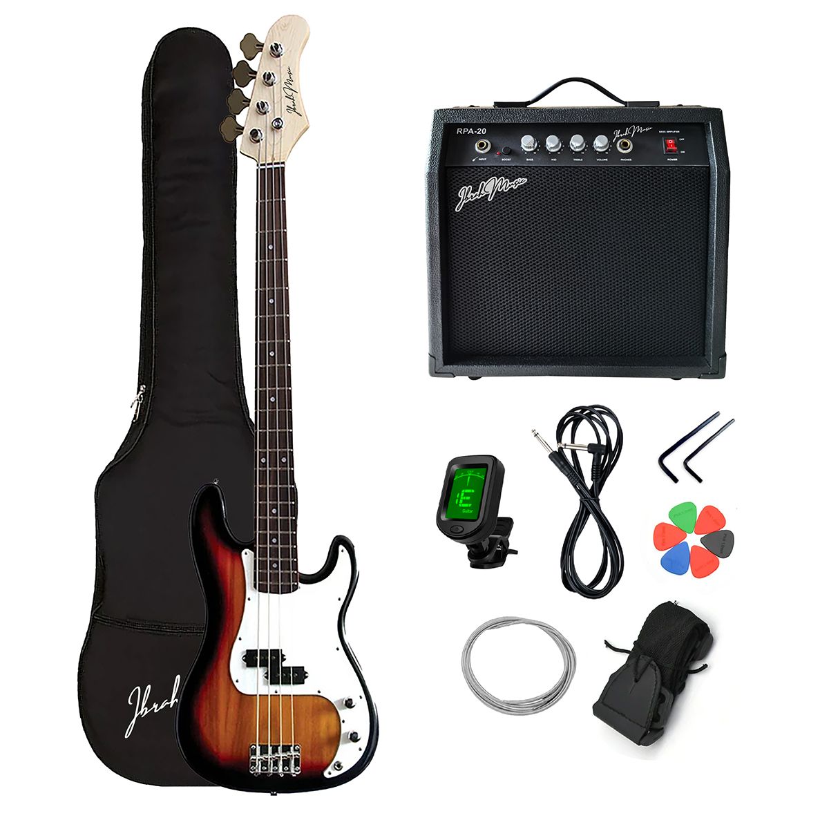 IBRAH - Bajo Eléctrico Ibrah 4 Cuerdas + Amplificador 20W + Acces