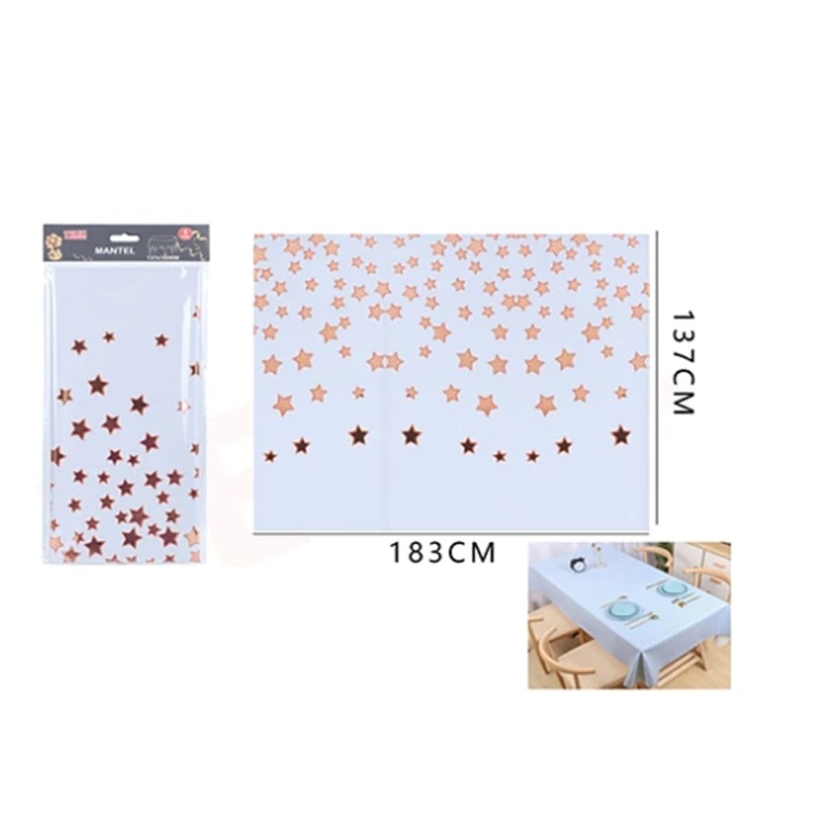 GENERICO - Mantel Plástico Blanco Con Estrellas Cobre 183X137Cm