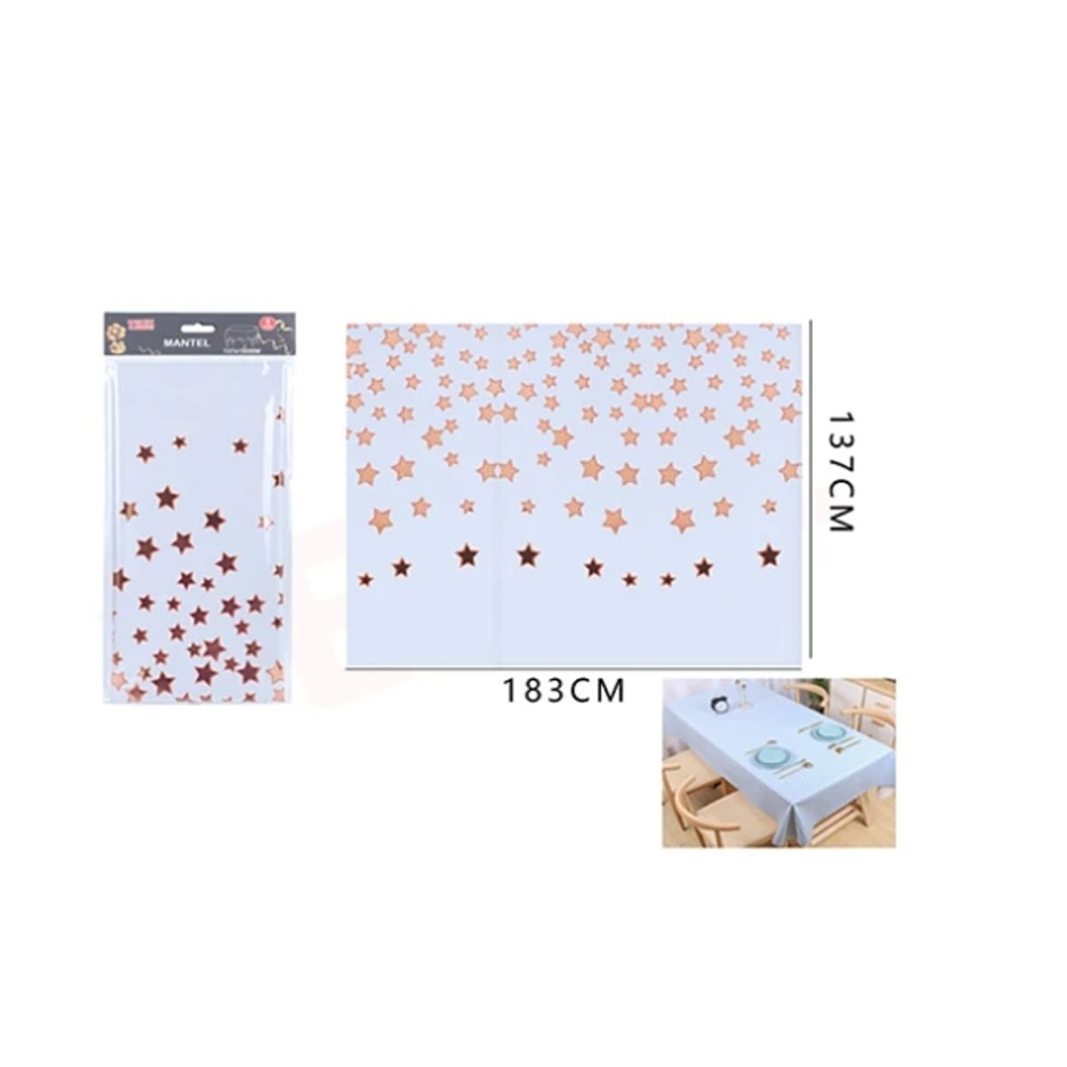 GENERICO - Mantel Plástico Blanco Con Estrellas Cobre 183X137Cm