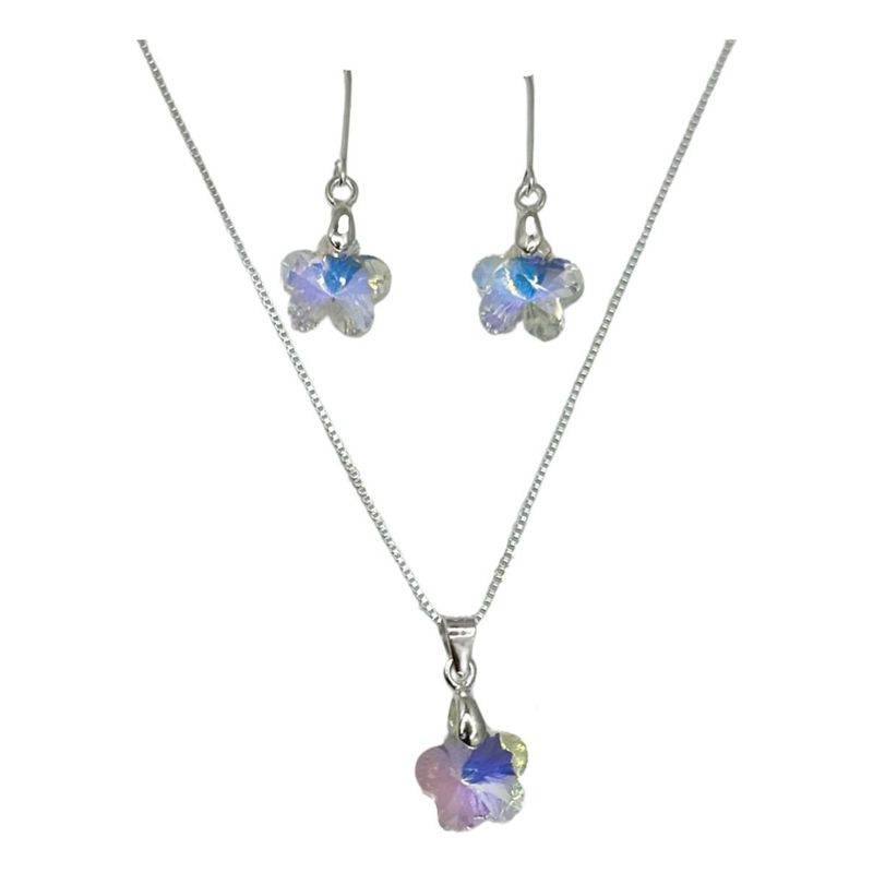 GENERICO - Conjunto Collar Dije Aros Cristales Flor Plata Fina 925