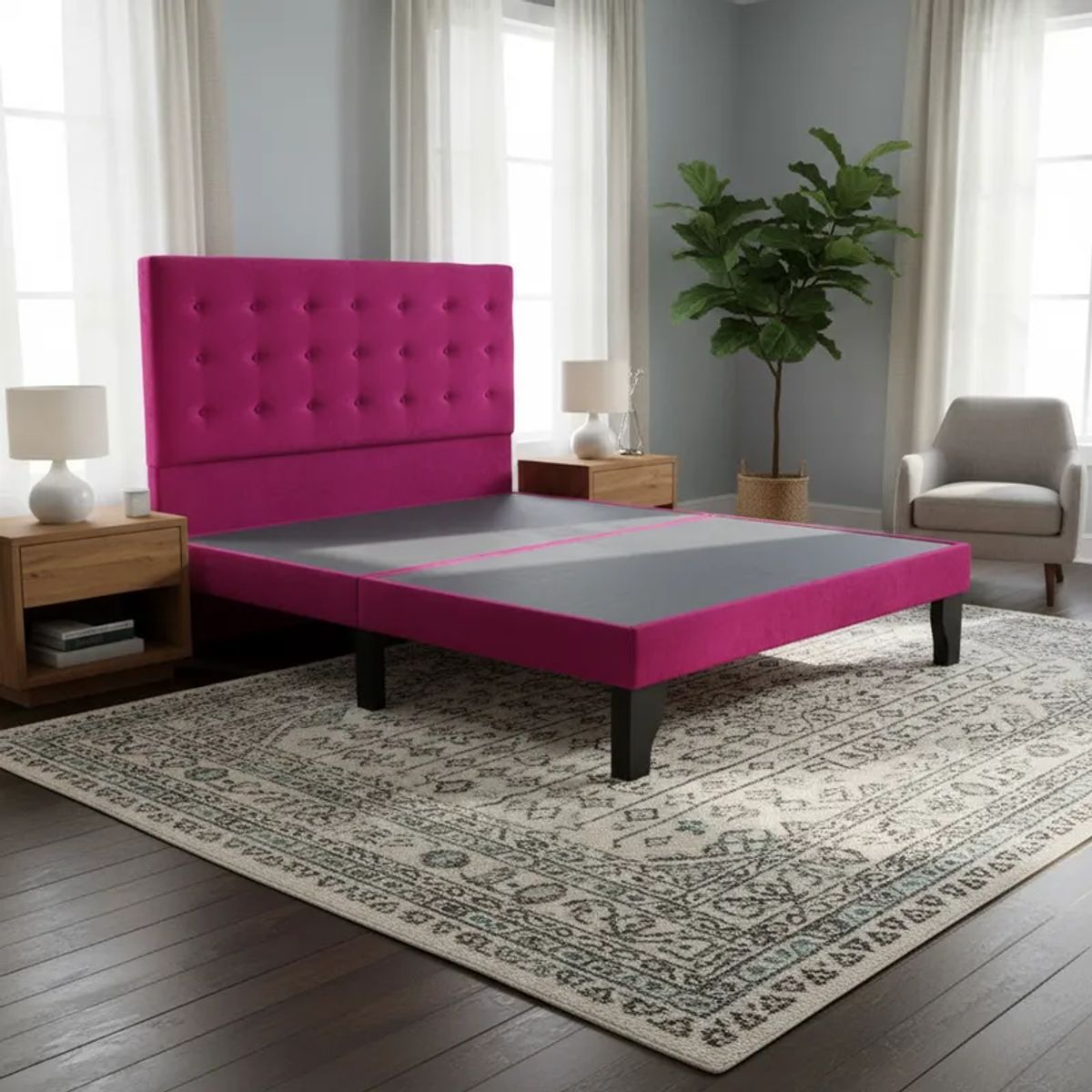 FLOBAL - Cama Europea 2 Plazas Base Dividida + Respaldo Abotonada Fucsia