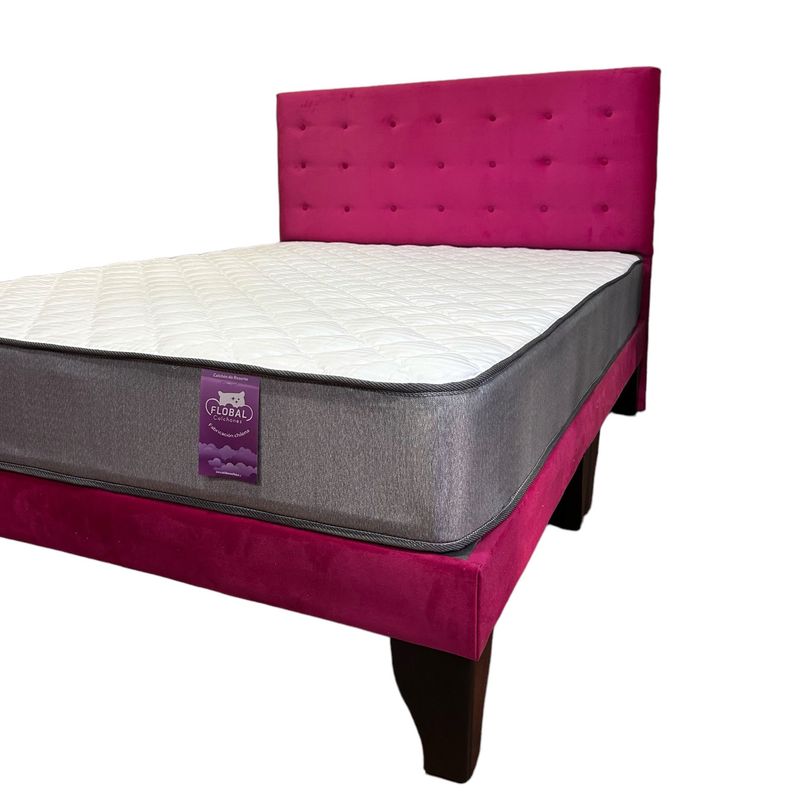 FLOBAL - Cama Europea 2 Plazas Base Dividida + Respaldo Abotonado Fucsia
