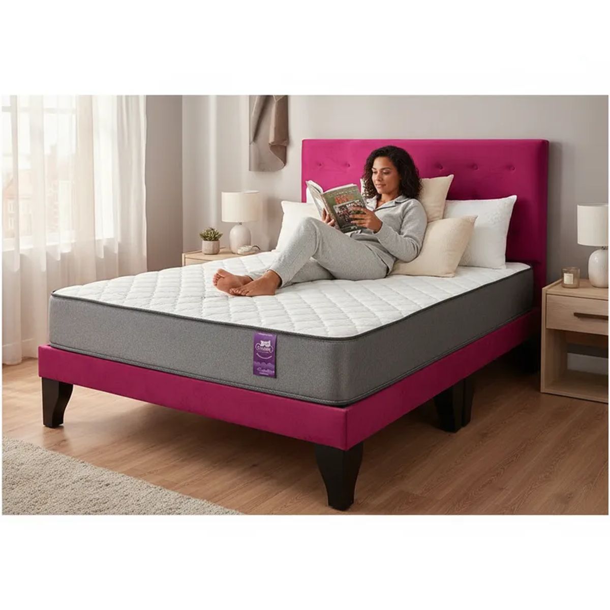 FLOBAL - Cama Europea 2 Plazas Base Dividida + Respaldo Abotonado Fucsia