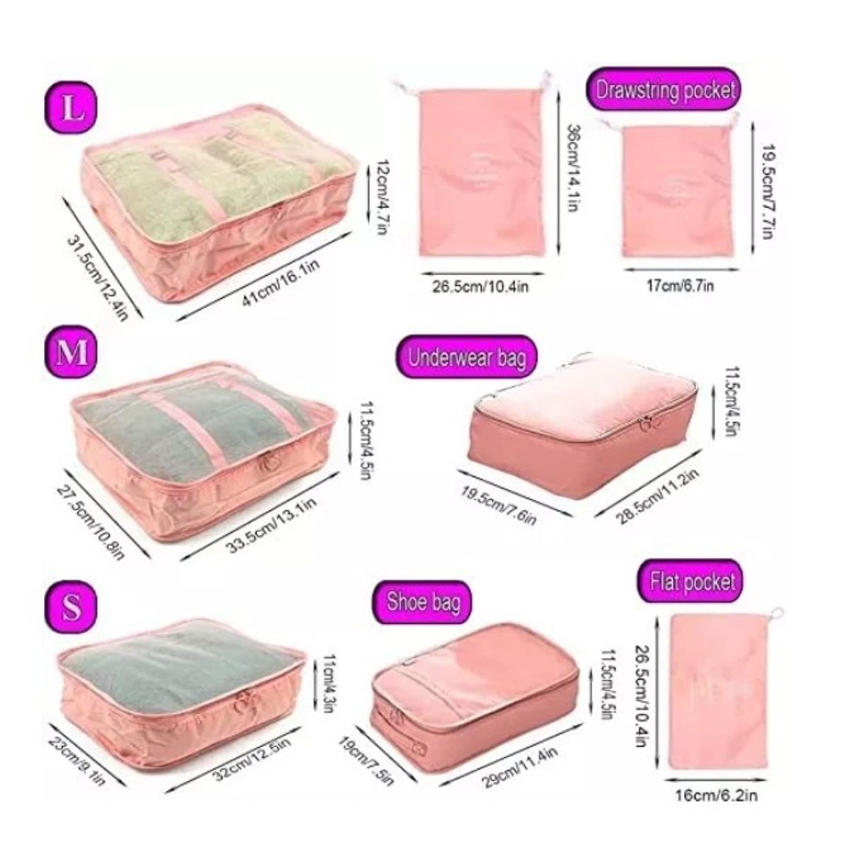 GENERICO - Bolsas De Viaje 8 En 1 Bolsas Organizadoras De Viaje Maleta Rosa