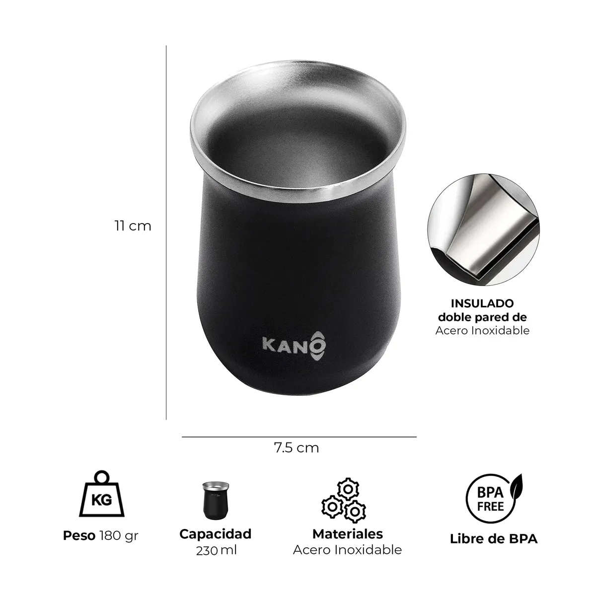 KANO - Mate de Acero Inoxidable Matera Térmica 230ml Insulado