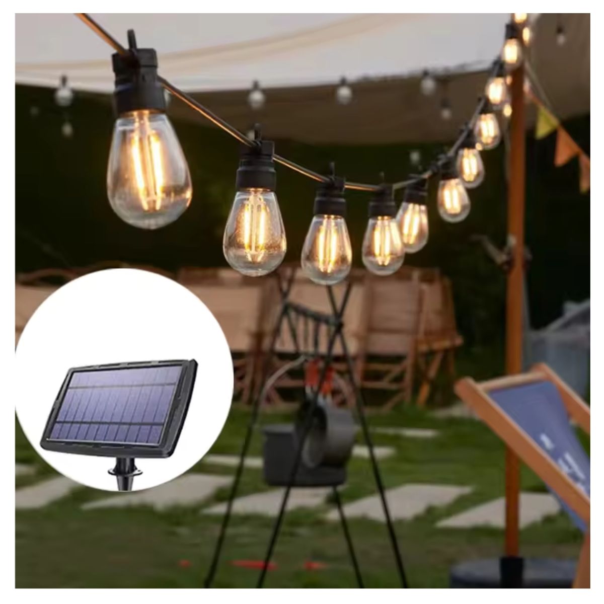 GENERICO - Guirnalda Con Panel Solar 10 Ampolletas Calidas Iluminacion Led IP