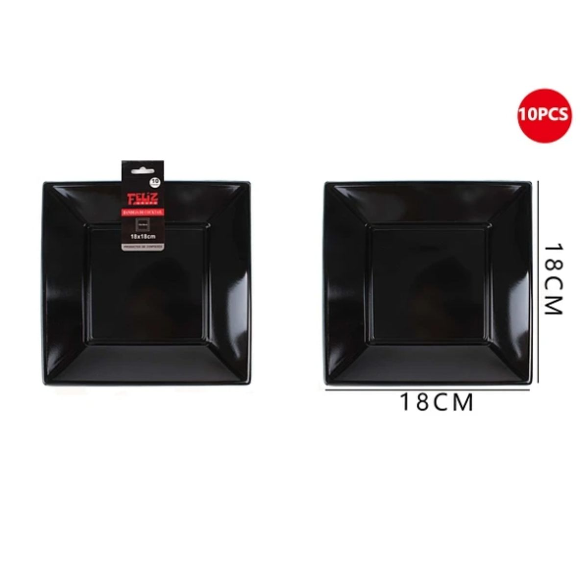 GENERICO - Plato Plástico Cuadrado Negro 18Cm