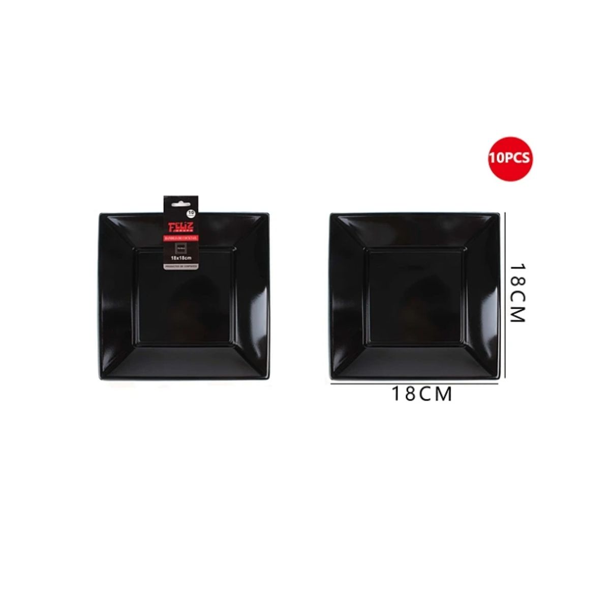 GENERICO - Plato Plástico Cuadrado Negro 18Cm