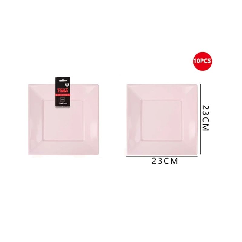 GENERICO - Plato Plástico Cuadrado Rosado 23Cm
