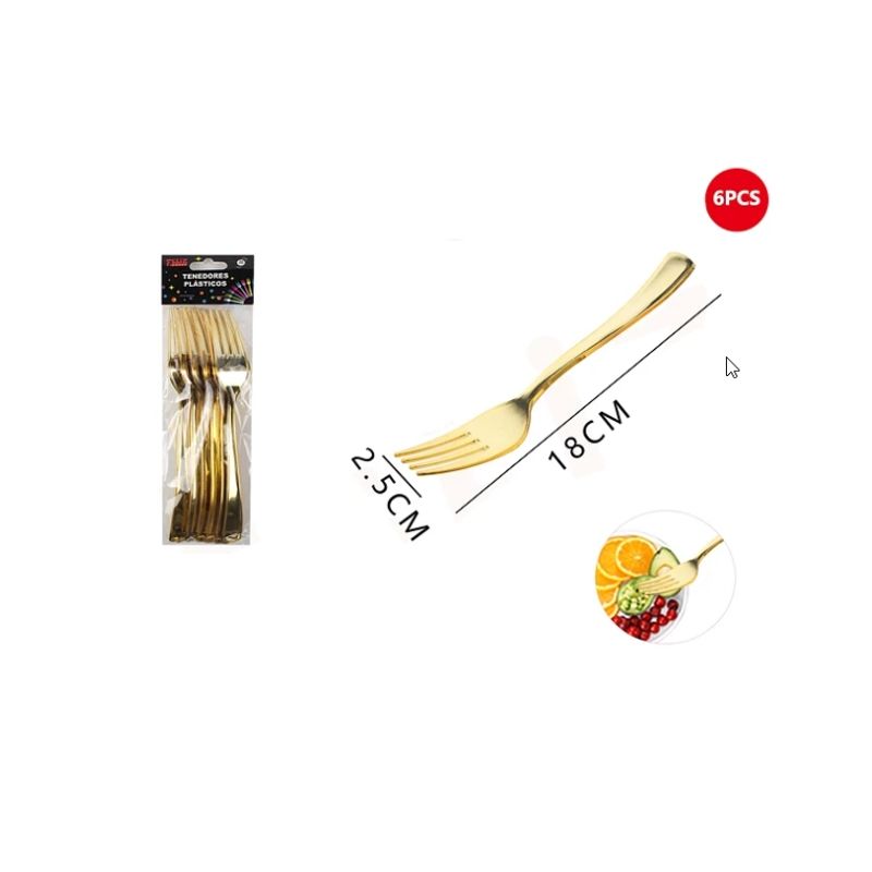 GENERICO - Tenedores Plásticas Dorados 6 Pcs