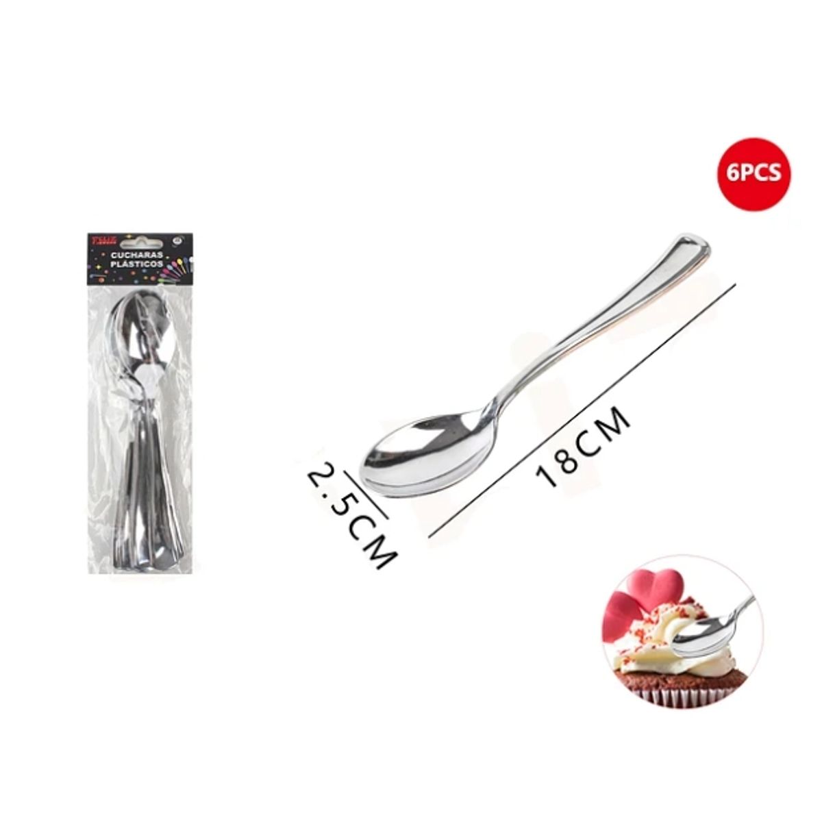 GENERICO - Cucharas Plásticas Plateadas 6 Pcs