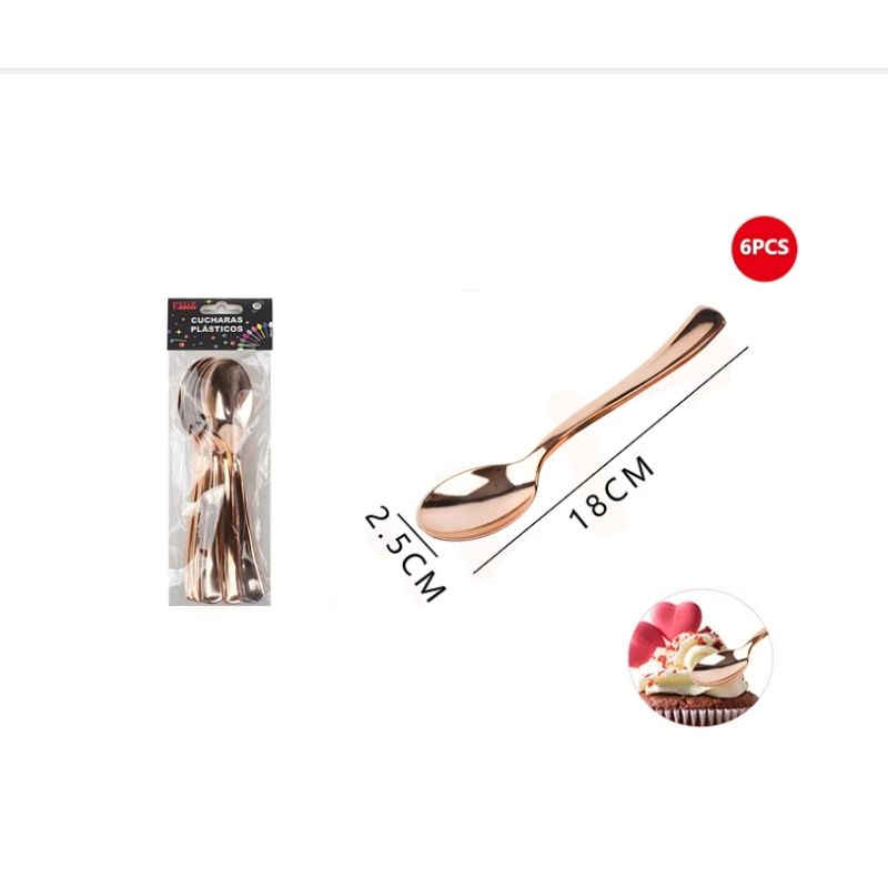 GENERICO - Cucharas Plásticas Oro Rosa 6 Pcs