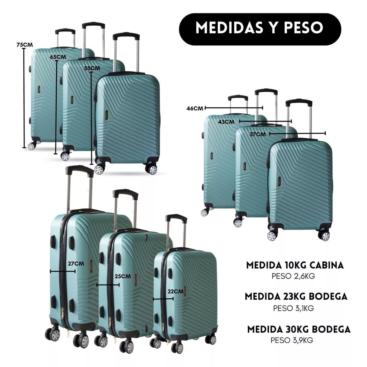 GENERICO - Set 3 Maletas Viaje 10 23 30 Kg Equipaje Rueda Cabina Avión