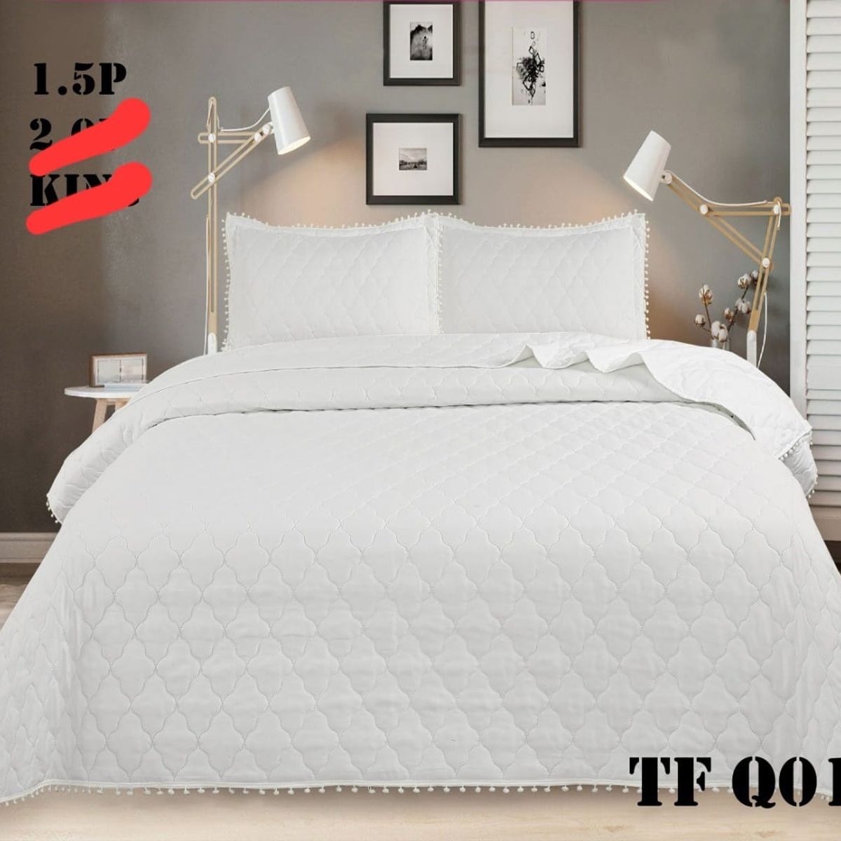GENERICO - Cobertor Quilts de Verano / Cubrecamas con Pompones KING - Blanco