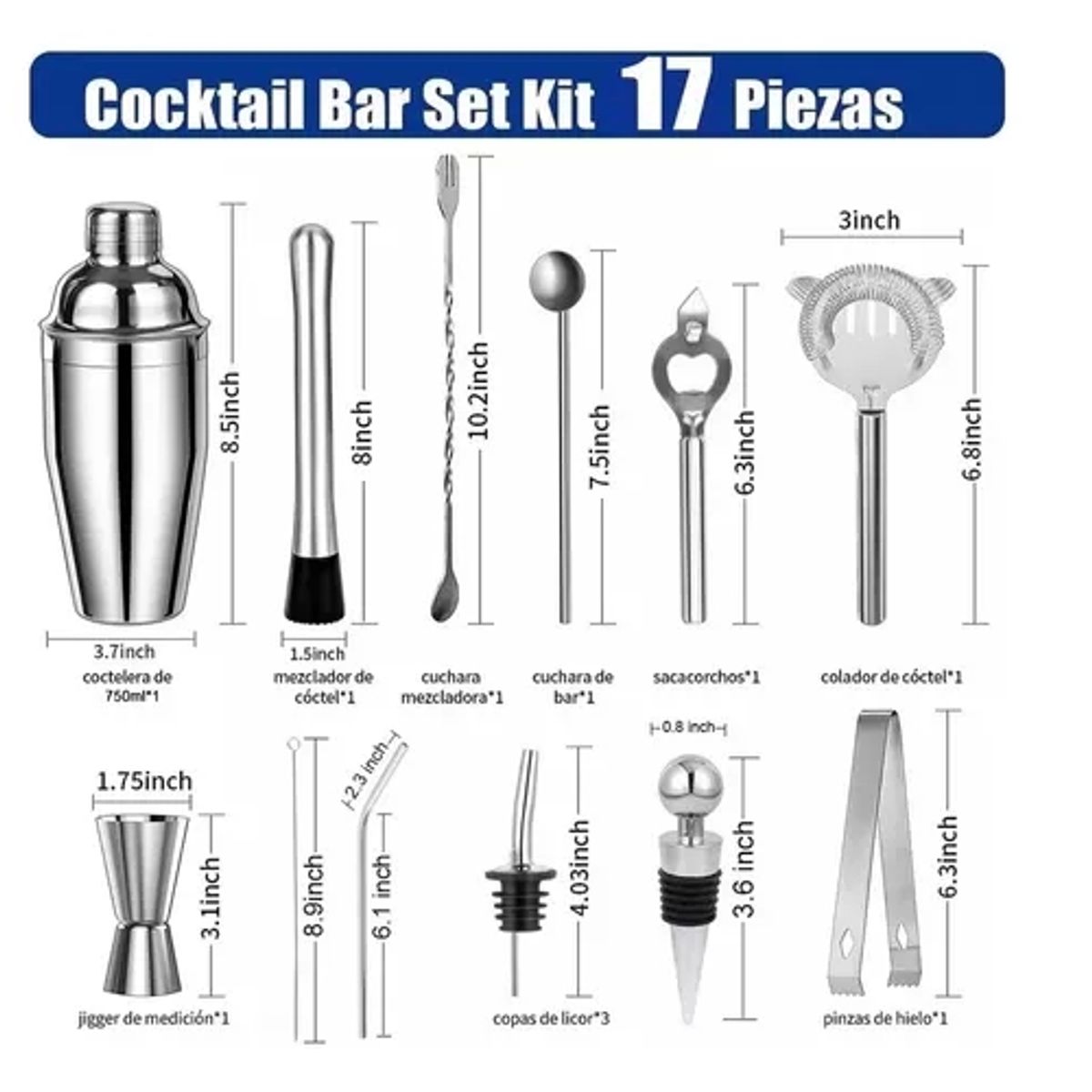 GENERICO - Kit De Utensilios De Coctelería C/coctelera De 750ml, 17 Pzs