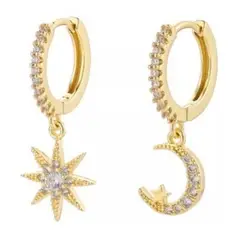 GENERICO - Aros Argollas Estrella Luna Circones Plata S925 Con Baño Oro