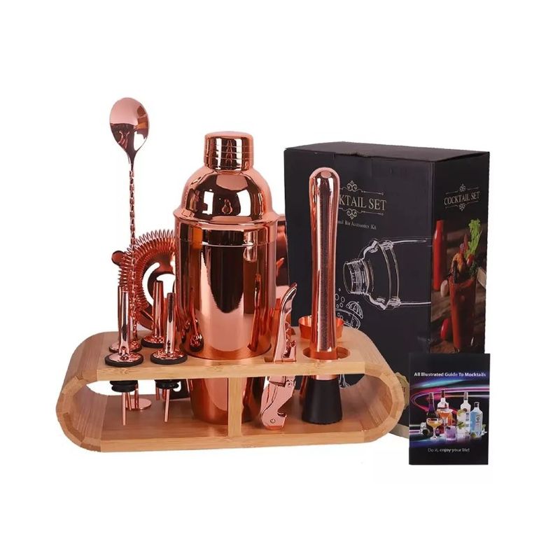GENERICO - Set De Coctelería Bar Kit Utensilios Cobre Con Base Madera