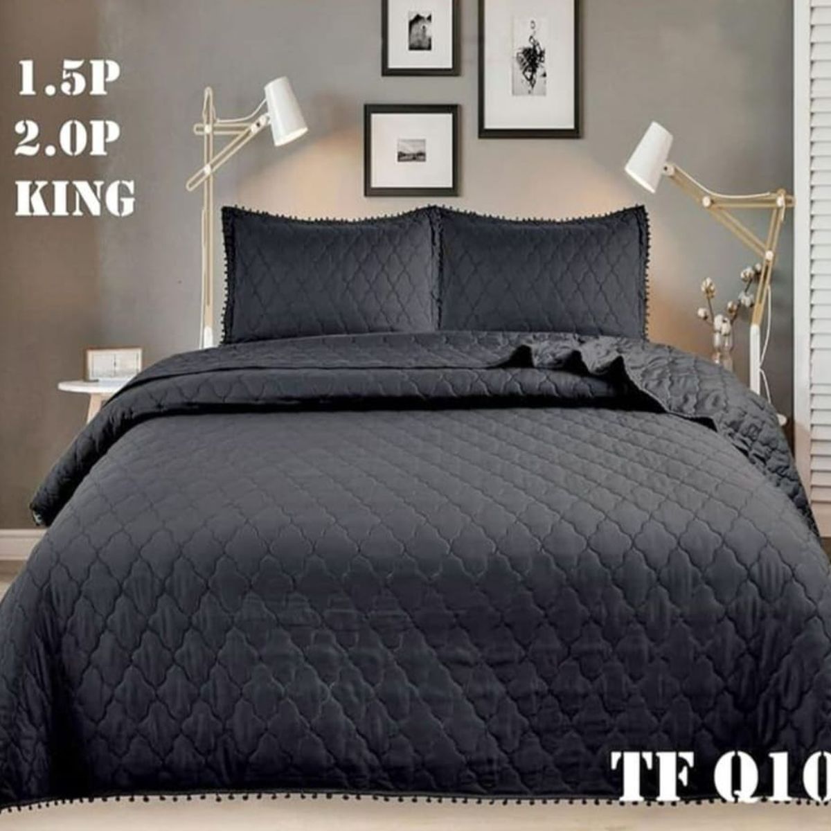 GENERICO - Cobertor Quilts de Verano / Cubrecamas con Pompones KING - Negro