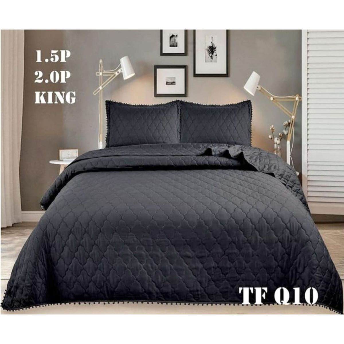 GENERICO - Cobertor Quilts de Verano / Cubrecamas con Pompones KING - Negro