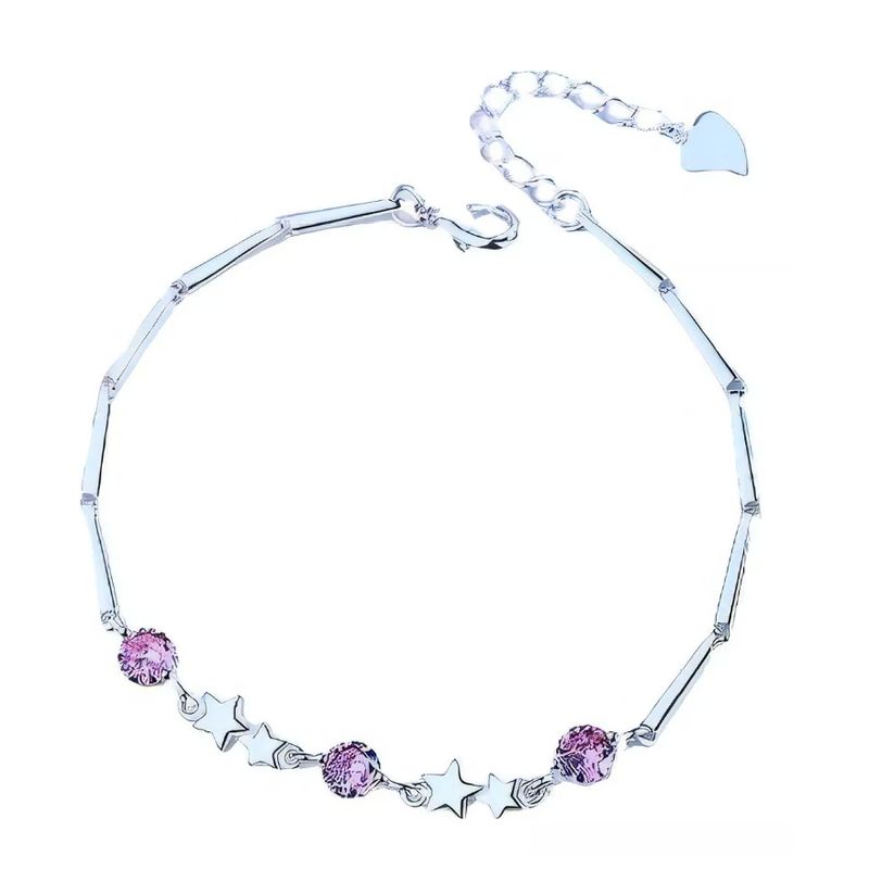 GENERICO - Pulsera Plata Esterlina 925 Ajustable Estrella Circon Morado Largo 19