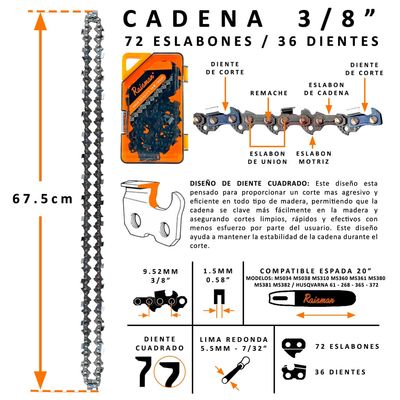 Imagen 2 del producto CADENA RAISMAN® 3/8"" 0.58 72 ESLABONES 36 DIENTES PARA MOTOSIERRA MS310 MS360 MS361 MS380 MS381 HUSQ 61 268 365 372