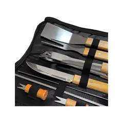 GENERICO - Set Parrilla Asado 10 Utensilios Con Madera Y Bolso